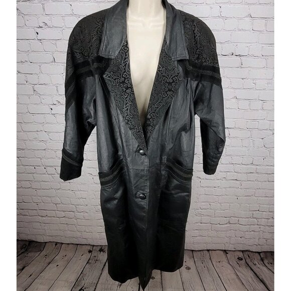 VTG Winlit Black Genuine Leather Suede Paisley Trench Long Jacket Coat L *defect - Picture 1 of 16